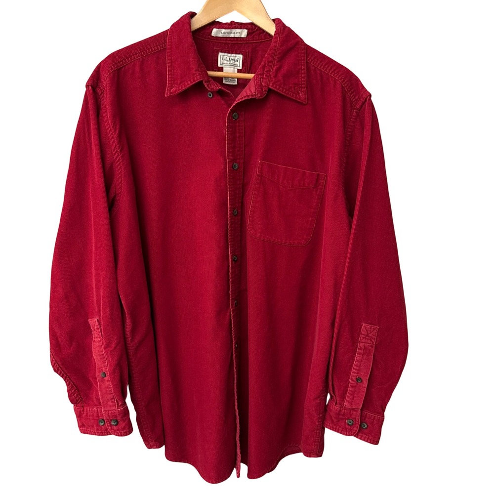 L.L. Bean Men Red Corduroy Traditional Fit Button Down Shirt Cotton Size XL Work